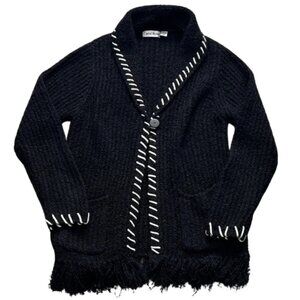 Carol Rose Women’s Black Cardigan with White Stitching and Black Fringe - Size M